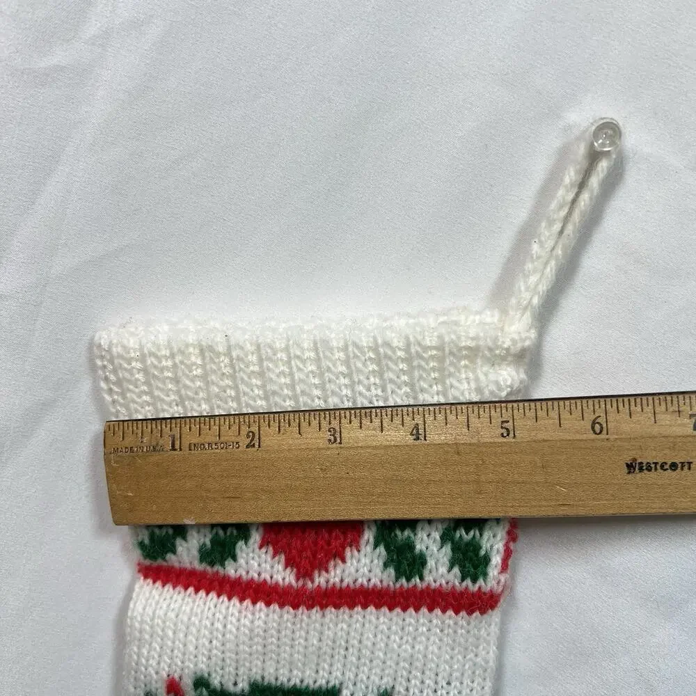 Vintage Knit Christmas Stocking with Wreath & Hearts Red White Green Country